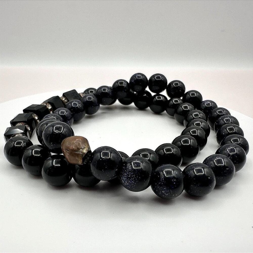 Vintage Y2K Rhinestone Black Onyx Beaded Bracelet Set Boho Women's Jewelry